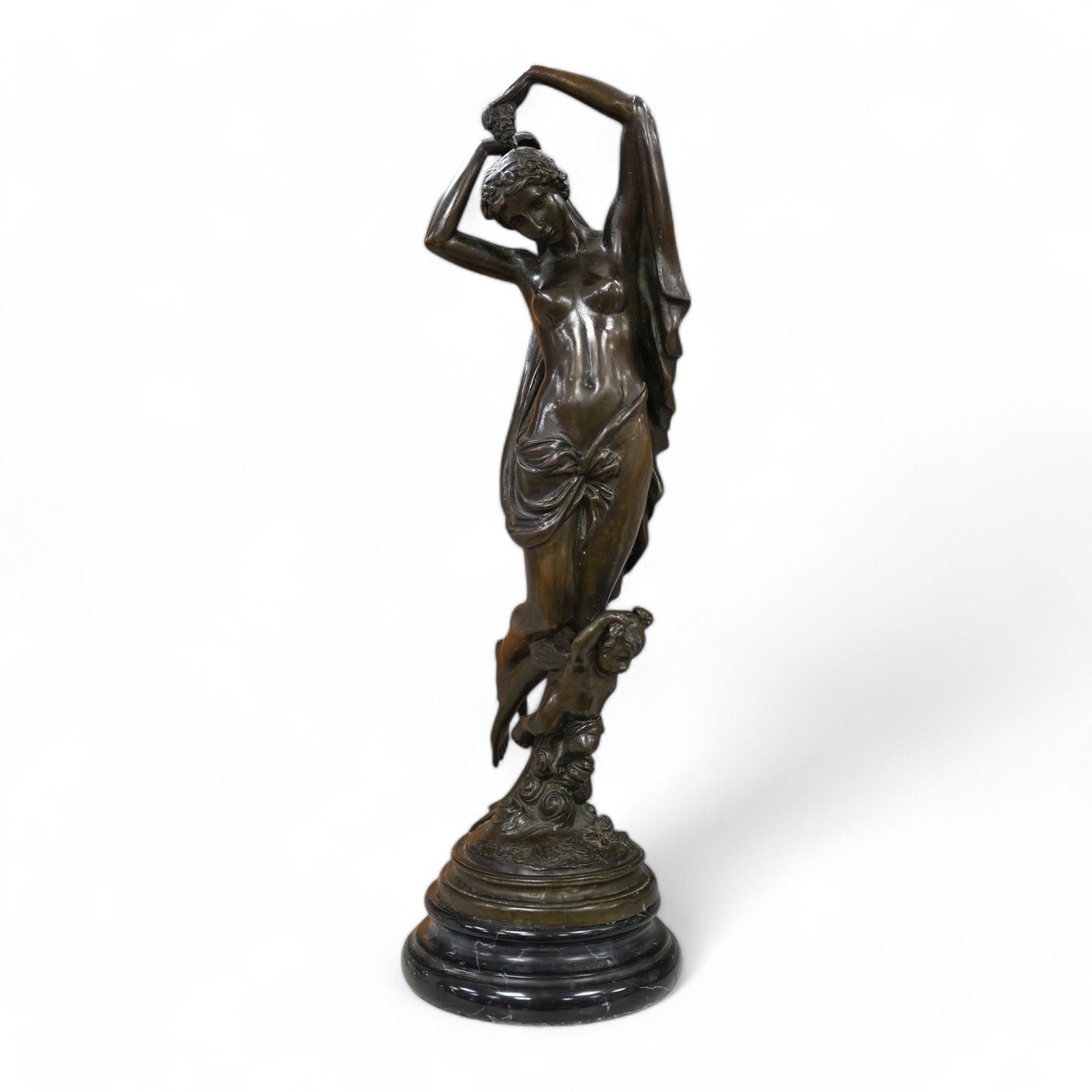 A 20th century bronze figure of a maiden, raised on marble socle, 38.5cm. Condition - fair to good